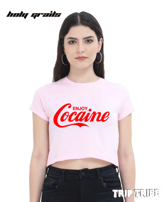 Women in Street Style 'Enjoy Cocaine' Light Baby Pink Funky 180 GSM 100% Cotton Graphic Crop Top HG x Trip Tribe - Front