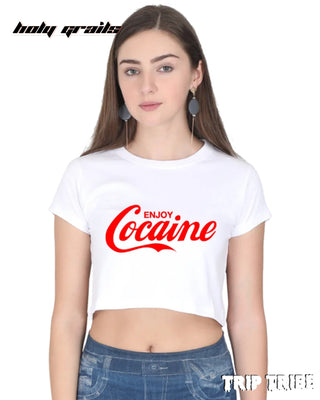 Women in Street Style 'Enjoy Cocaine' White Funky 180 GSM 100% Cotton Graphic Crop Top HG x Trip Tribe - Front