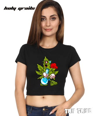 Women in Street Style 'Leaf High' Black 180 GSM 100% Cotton Graphic Crop Top HG x Trip Tribe - Front