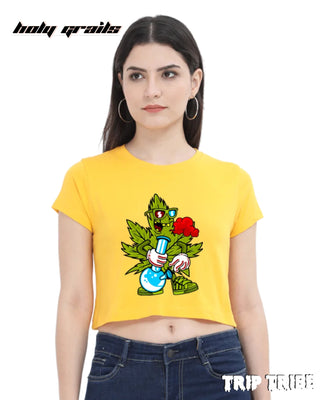Women in Street Style 'Leaf High' Golden Yellow 180 GSM 100% Cotton Graphic Crop Top HG x Trip Tribe - Front