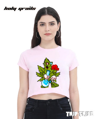 Women in Street Style 'Leaf High' Light Baby Pink 180 GSM 100% Cotton Graphic Crop Top HG x Trip Tribe - Front
