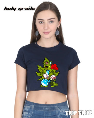 Women in Street Style 'Leaf High' Navy Blue 180 GSM 100% Cotton Graphic Crop Top HG x Trip Tribe - Front