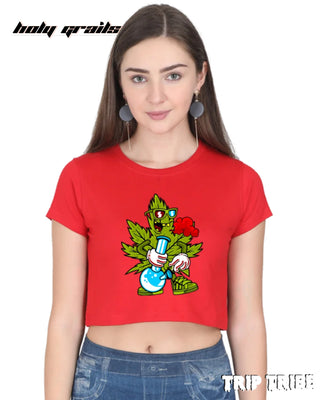 Women in Street Style 'Leaf High' Red 180 GSM 100% Cotton Graphic Crop Top HG x Trip Tribe - Front