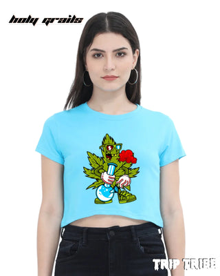 Women in Street Style 'Leaf High' Sky Blue 180 GSM 100% Cotton Graphic Crop Top HG x Trip Tribe - Front