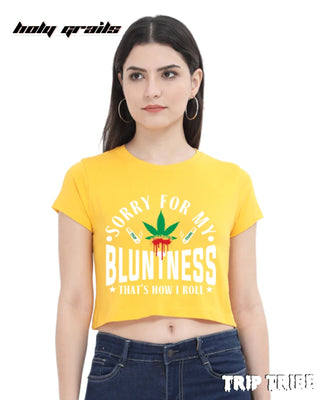 Women in Street Style 'Sorry For My Bluntness' Golden Yellow 180 GSM 100% Cotton Graphic Crop Top HG x Trip Tribe - Front