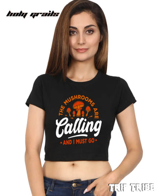Women in Street Style 'The Mushrooms Are Calling' Black 180 GSM 100% Cotton Graphic Crop Top HG x Trip Tribe - Front