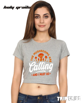 Women in Street Style 'The Mushrooms Are Calling' Grey Melange 180 GSM 100% Cotton Graphic Crop Top HG x Trip Tribe - Front