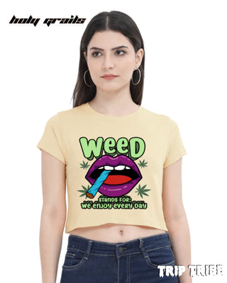 Women in Street Style 'Weed' Beige 180 GSM 100% Cotton Graphic Crop Top HG x Trip Tribe - Front