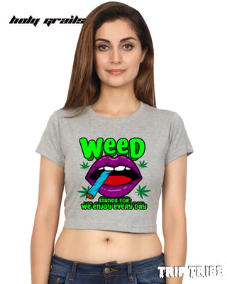 Women in Street Style 'Weed' Grey Melange 180 GSM 100% Cotton Graphic Crop Top HG x Trip Tribe - Front