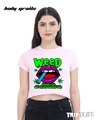 Women in Street Style 'Weed' Light Baby Pink 180 GSM 100% Cotton Graphic Crop Top HG x Trip Tribe - Front