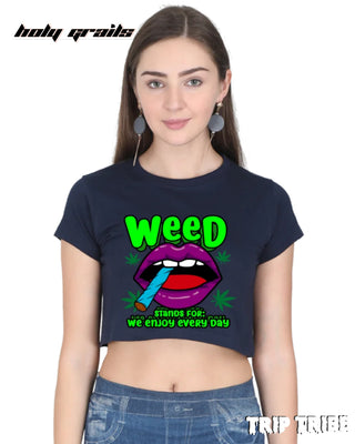 Women in Street Style 'Weed' Navy Blue 180 GSM 100% Cotton Graphic Crop Top HG x Trip Tribe - Front