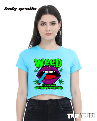 Women in Street Style 'Weed' Sky Blue 180 GSM 100% Cotton Graphic Crop Top HG x Trip Tribe - Front
