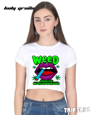 Women in Street Style 'Weed' White 180 GSM 100% Cotton Graphic Crop Top HG x Trip Tribe - Front