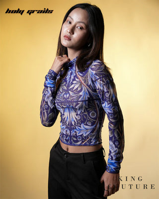 Women in Streetwear Style 'Blue Tulip' Lycra Net Full Sleeve Top HG x King Couture - Front Side