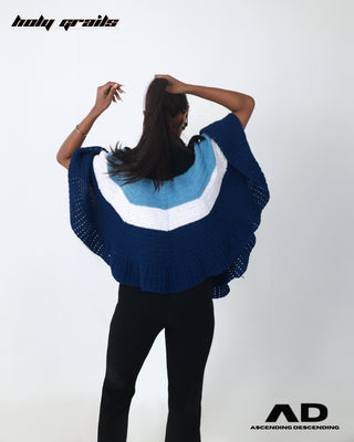 Women in Streetwear Style 'Evil Eye' Blue hand knitted Nestnhaven wool Poncho Jacket HG x Ascending Descending - Back