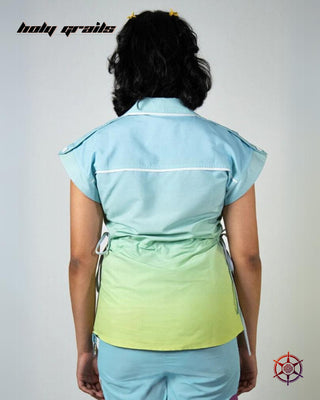 Women in Streetwear Style 'Seafoam Drawcord' Blue Green Sleeveless Oversize Shirt with 120 GSM Polycotton & 140 GSM Cotton Twlll HG x Duskin - Back