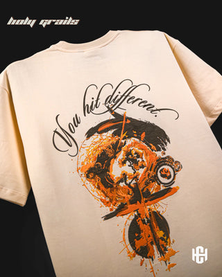 'You Hit Different' Beige 240 GSM 100% Terry Cotton Puff Printed Graphic Oversize T-Shirt HG x Charactr - Back Close